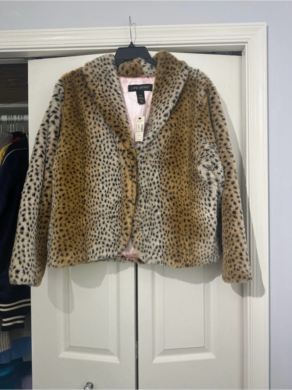 Lane Bryant Faux Fur Leopard-Print Jacket in Tan and Cream NWT